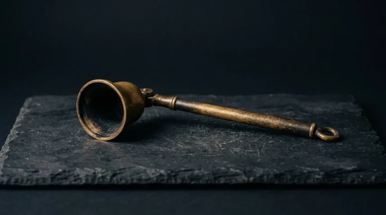 An antique aged-brass candle snuffer with a blackened bell lying on its side on dark slate