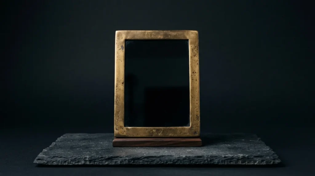 An antique dark mirror in a plain aged-brass frame, its black surface reflecting almost nothing, standing on dark slate