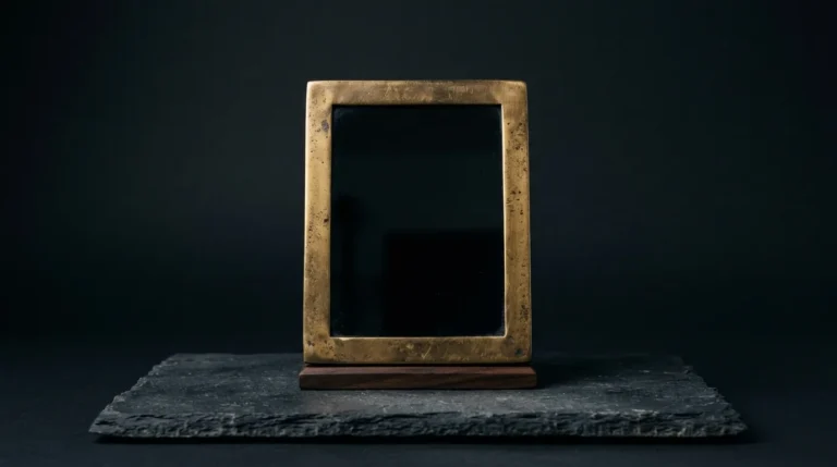 An antique dark mirror in a plain aged-brass frame, its black surface reflecting almost nothing, standing on dark slate
