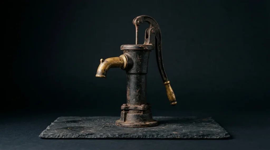 An antique cast-iron hand water pump with an aged-brass spout and handle, standing on dark slate