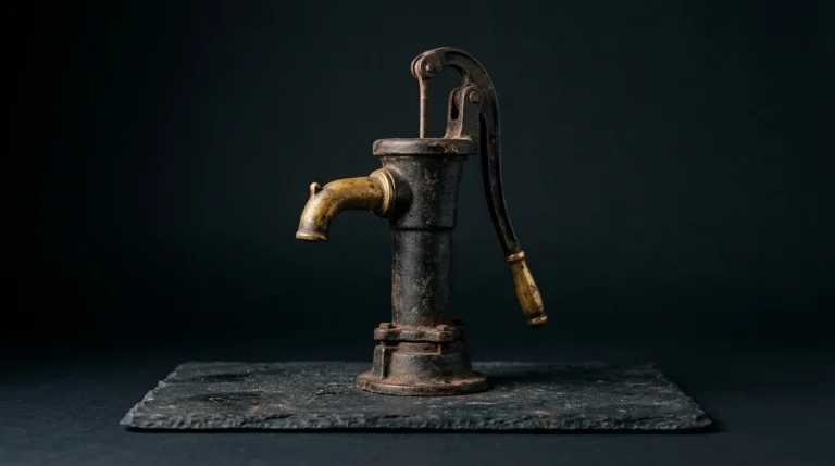 An antique cast-iron hand water pump with an aged-brass spout and handle, standing on dark slate