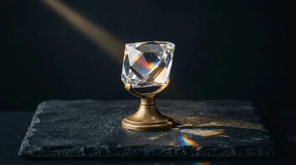 A clear-cut crystal prism on a small aged-brass stand with one narrow beam of light entering it, on dark slate