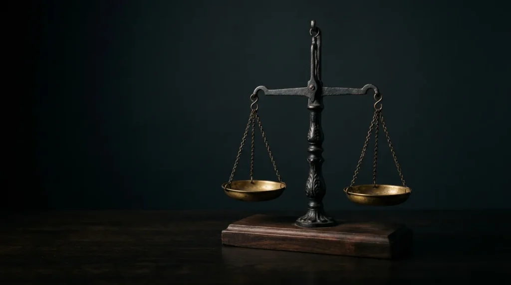 An antique blackened iron balance scale with two brass pans on a dark walnut base