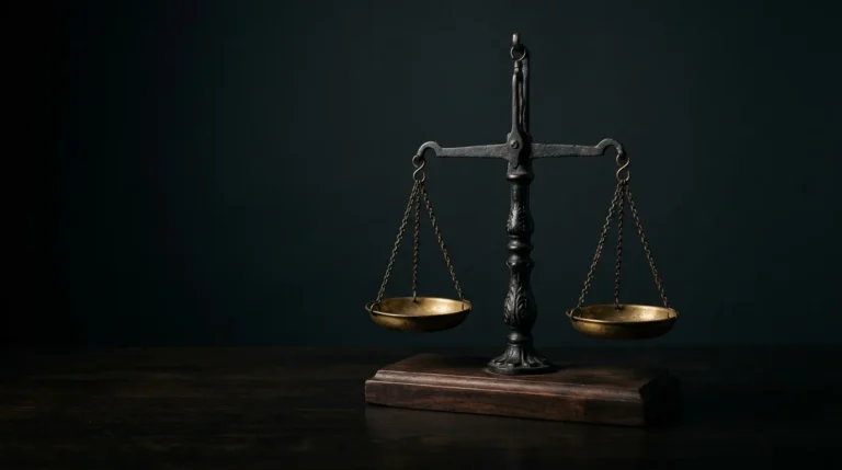 An antique blackened iron balance scale with two brass pans on a dark walnut base