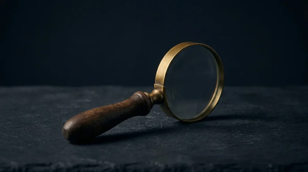 An antique magnifying glass with a brass rim and dark wooden handle resting on dark slate
