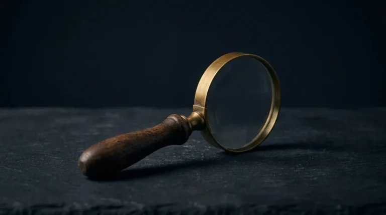 An antique magnifying glass with a brass rim and dark wooden handle resting on dark slate