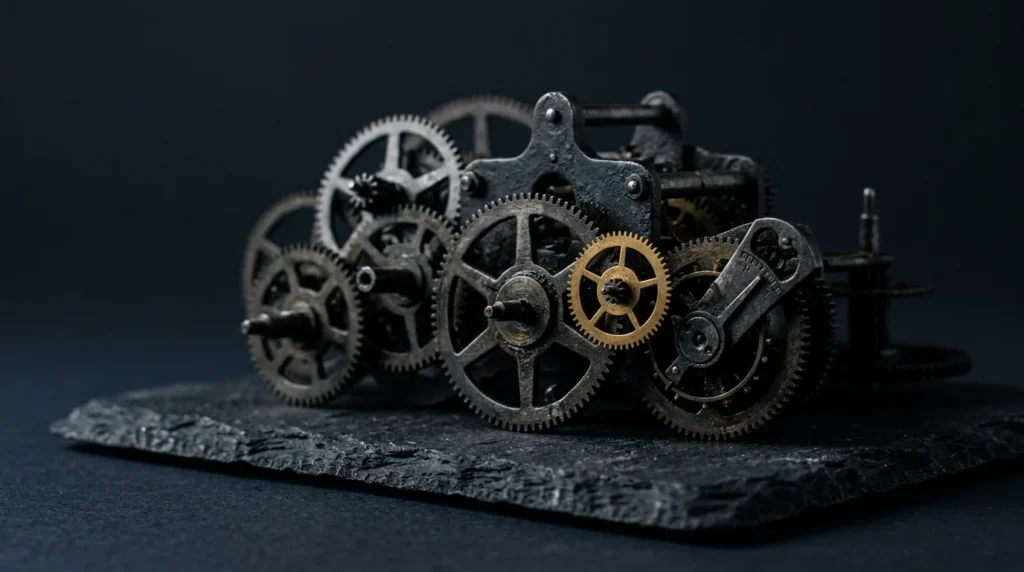 An exposed antique clockwork gear train of dark steel wheels with one small brass gear, on dark slate