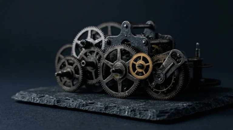 An exposed antique clockwork gear train of dark steel wheels with one small brass gear, on dark slate