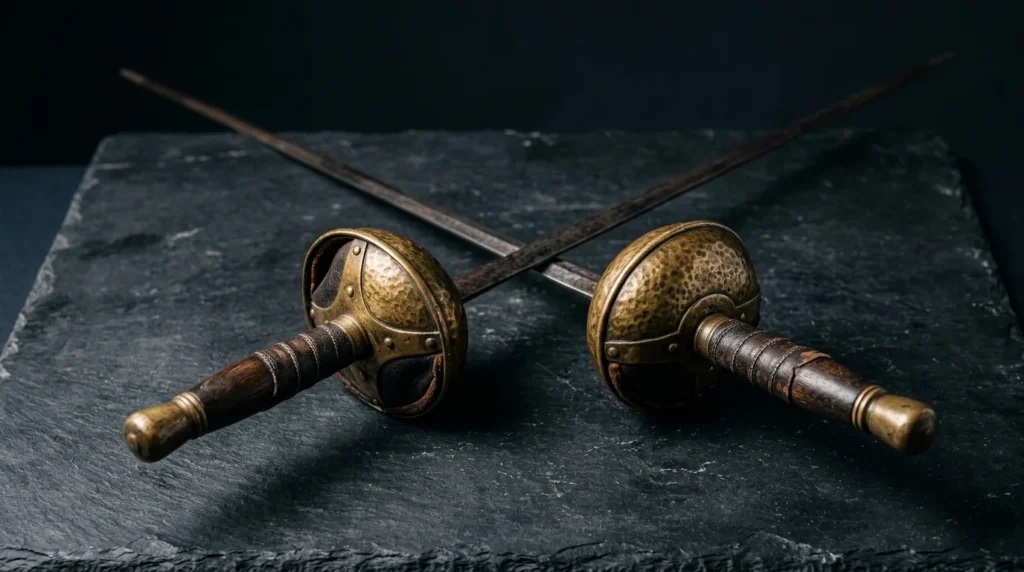 Two antique fencing foils with aged-brass bell guards crossed on dark slate