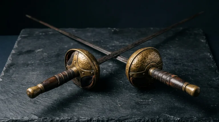 Two antique fencing foils with aged-brass bell guards crossed on dark slate