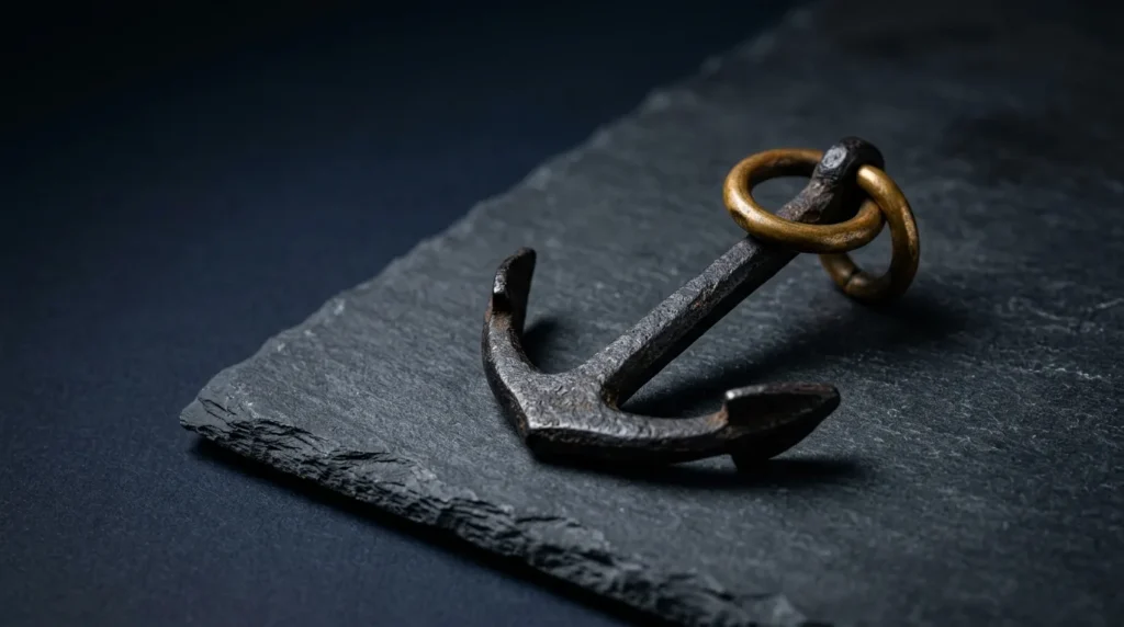 A small antique blackened iron anchor with a brass shackle ring resting on dark slate
