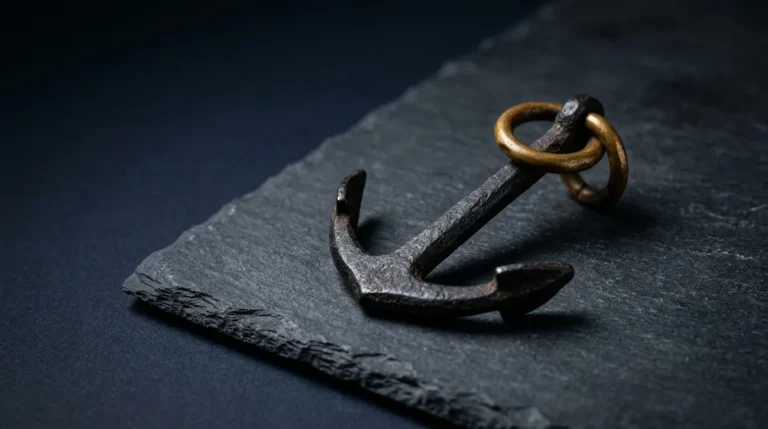 A small antique blackened iron anchor with a brass shackle ring resting on dark slate