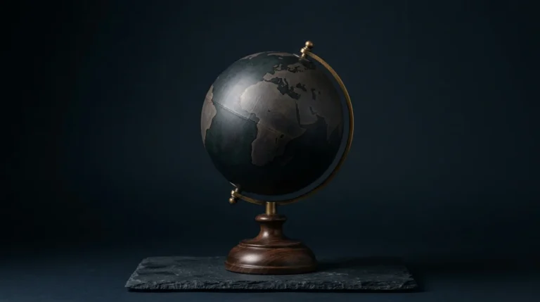A dark antique desk globe with a thin aged brass meridian ring on a turned walnut stand, resting on a slate slab