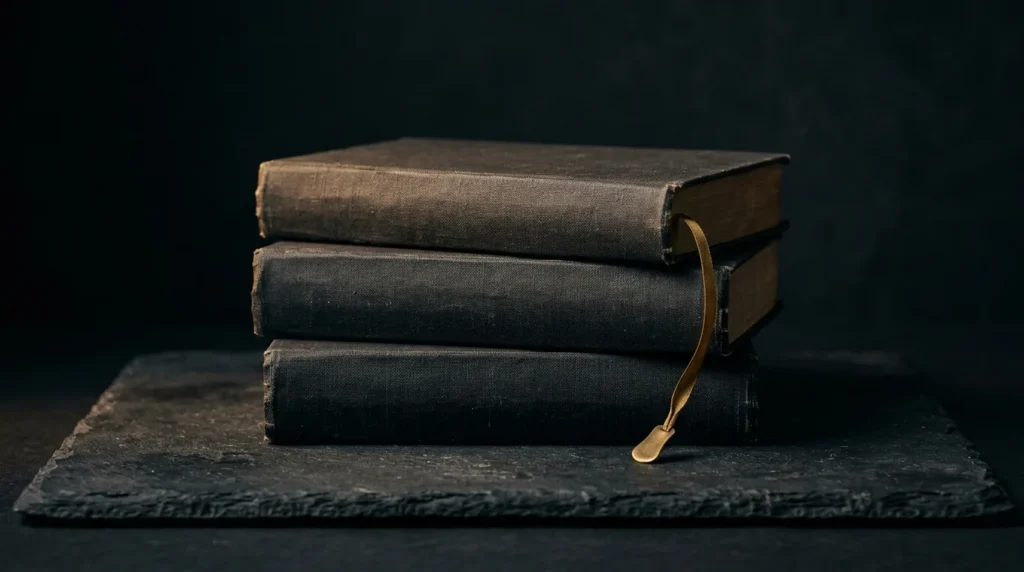 A small stack of dark cloth-bound hardback books with blank spines and a thin aged-brass ribbon bookmark, on dark slate