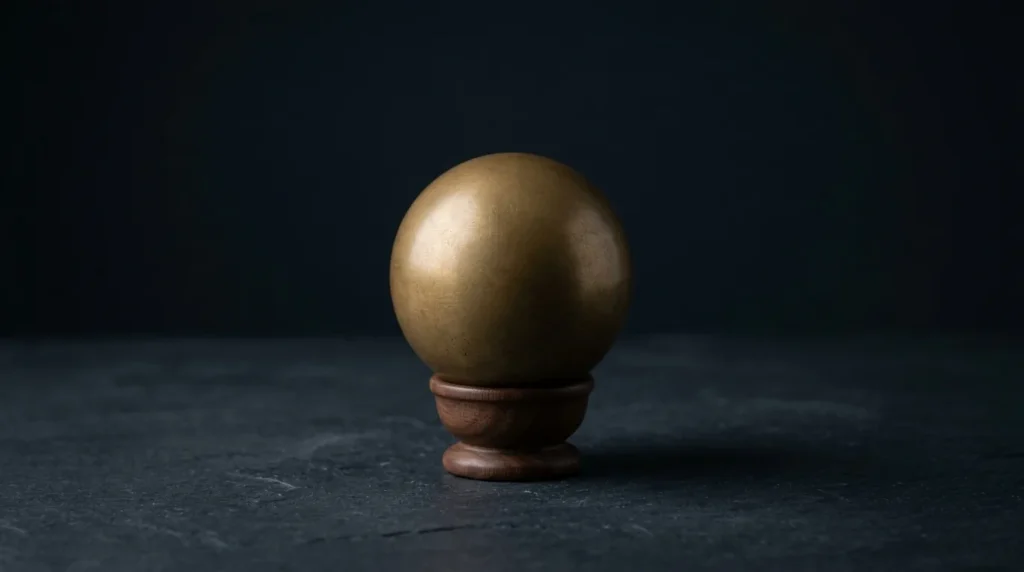 A single seamless solid aged-brass sphere resting on a small dark walnut base on dark slate