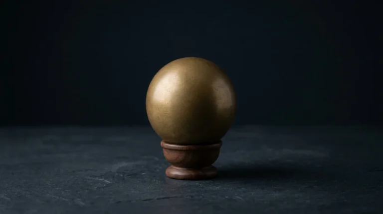 A single seamless solid aged-brass sphere resting on a small dark walnut base on dark slate