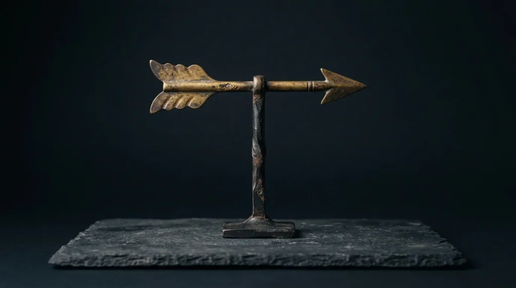 An antique aged-brass weathervane arrow on a dark iron spindle, standing on dark slate