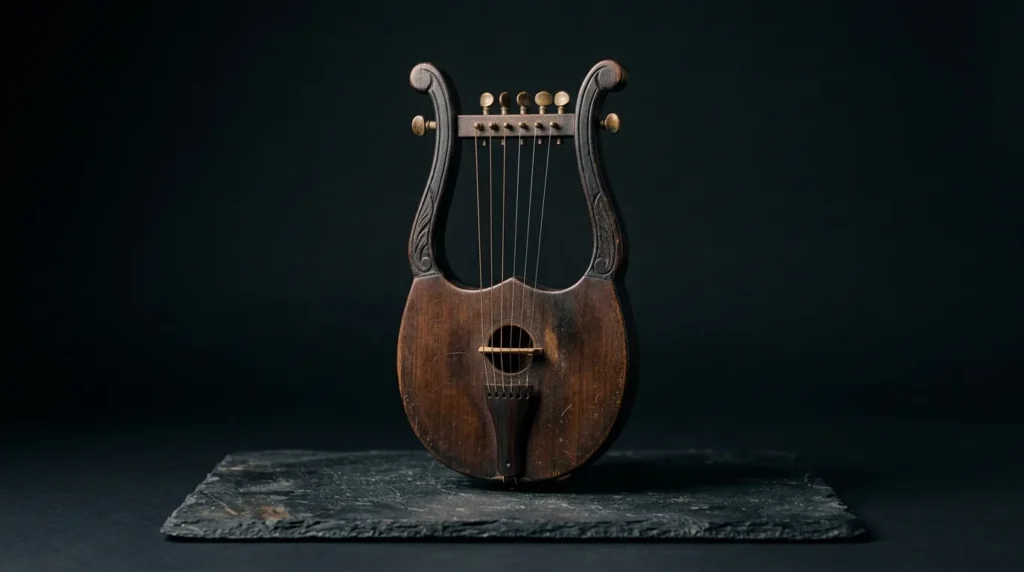 An antique wooden lyre with dark stained arms and aged-brass tuning pegs, standing on dark slate