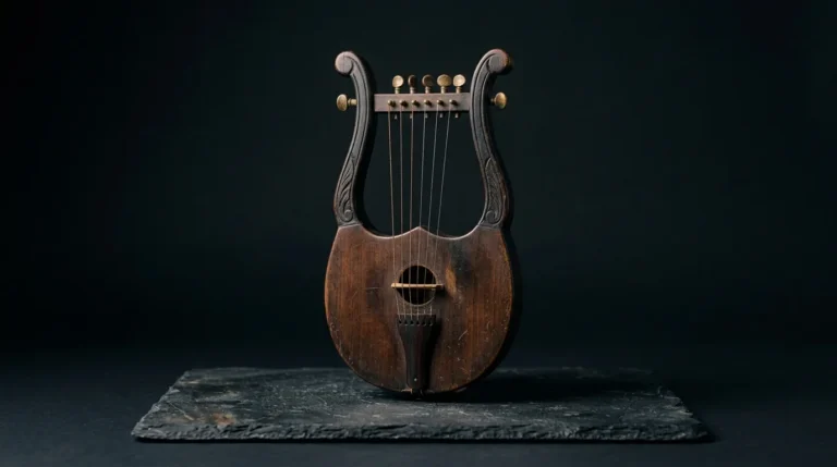 An antique wooden lyre with dark stained arms and aged-brass tuning pegs, standing on dark slate