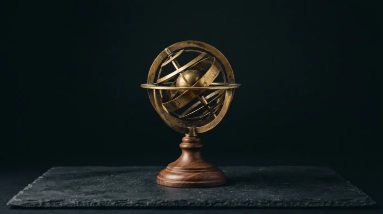 An antique aged-brass armillary sphere with plain unmarked rings on a turned walnut base, on dark slate