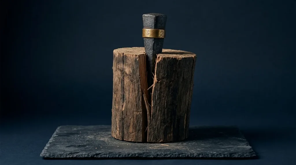 A split dark oak log on slate with an antique iron wedge driven into its top, banded in brass