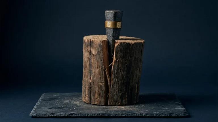 A split dark oak log on slate with an antique iron wedge driven into its top, banded in brass