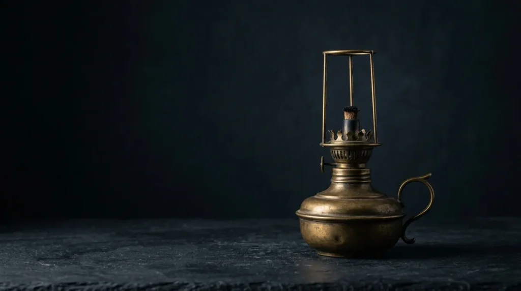 An unlit antique aged-brass oil lamp with a curved handle, standing on dark slate against a deep ink backdrop