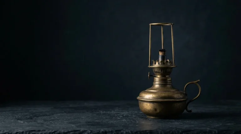 An unlit antique aged-brass oil lamp with a curved handle, standing on dark slate against a deep ink backdrop