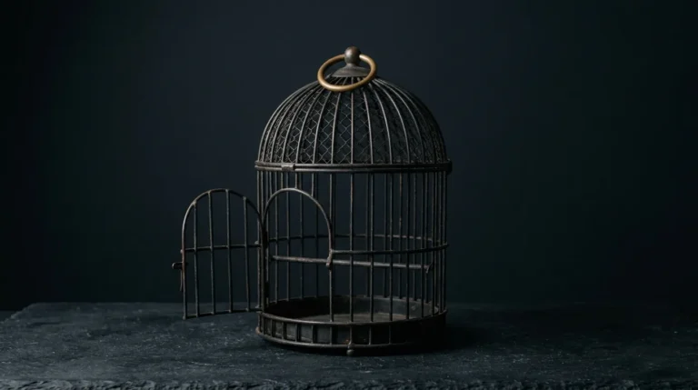 An empty antique dark iron birdcage with an aged-brass ring and its door standing open, on dark slate