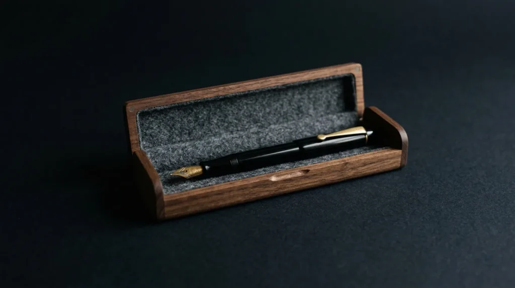 A black fountain pen with a brass nib resting in an open walnut pen case lined with grey felt