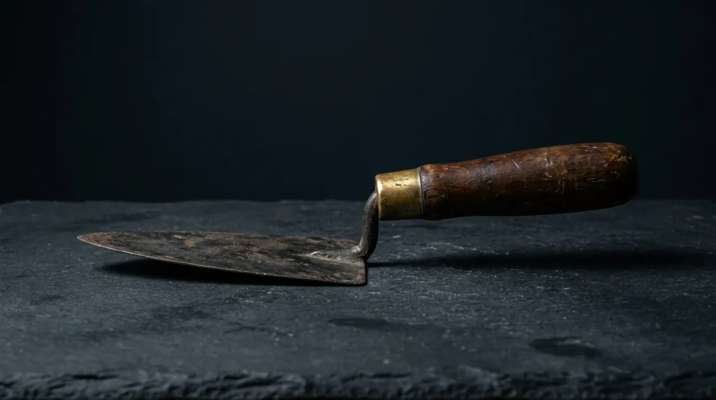 An antique mason's trowel with a dark wooden handle and aged-brass ferrule lying flat on dark slate