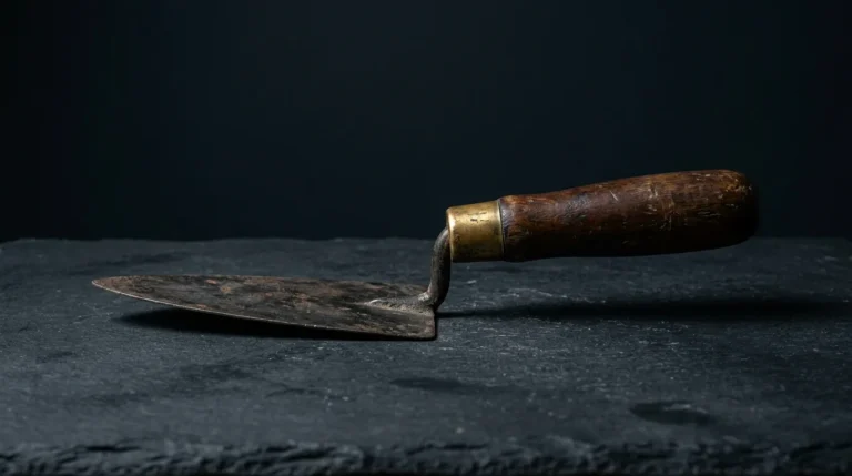 An antique mason's trowel with a dark wooden handle and aged-brass ferrule lying flat on dark slate