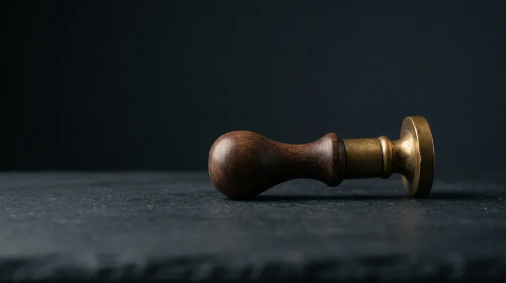 An antique wax seal stamp with a walnut handle and a plain brass seal head, lying on its side on dark slate
