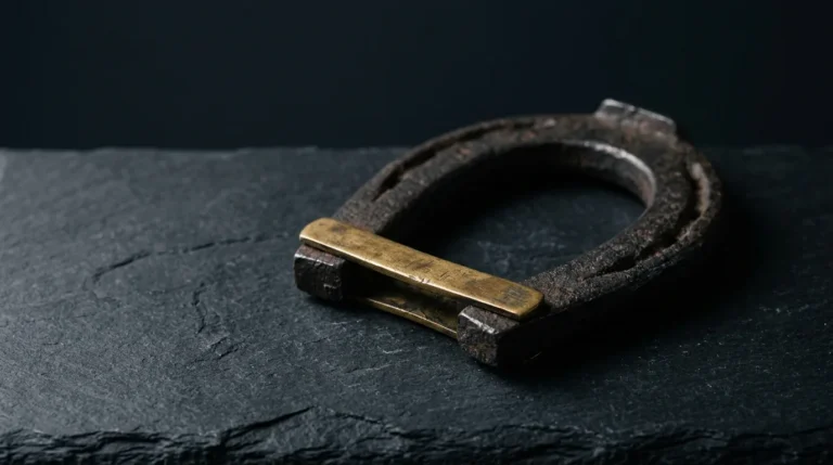 An antique dark iron horseshoe magnet with a brass keeper bar across its poles, on dark slate