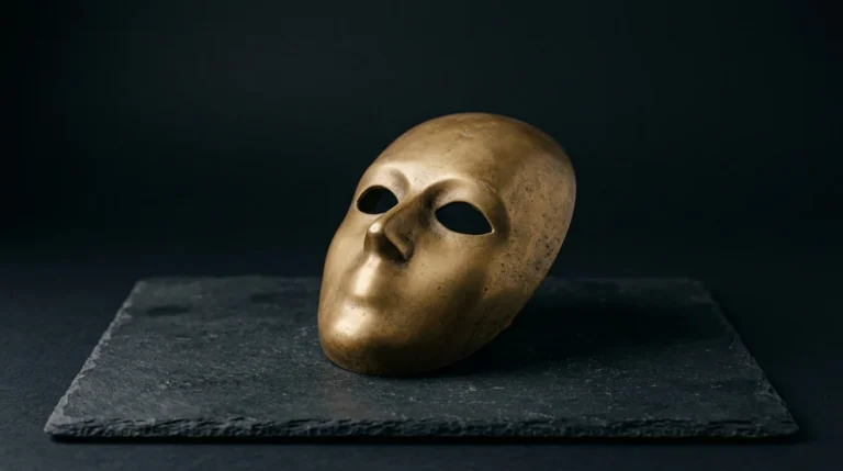 A plain aged-brass theatrical mask with a smooth unmarked face, resting at an angle on dark slate