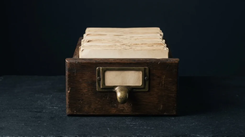 A single antique dark oak card-catalogue drawer packed with blank index cards, with an aged-brass pull, on dark slate