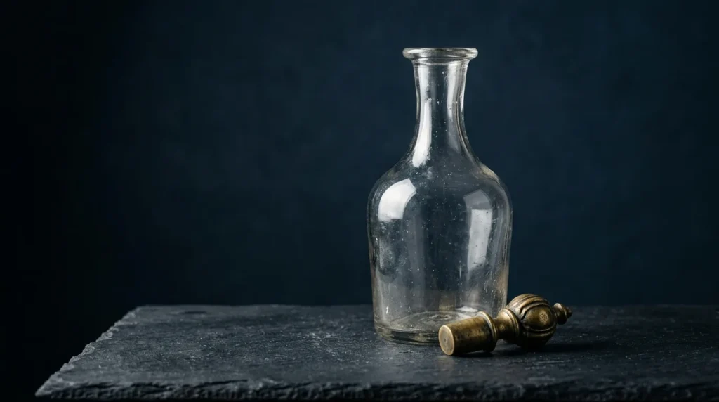 An empty antique clear glass carafe on dark slate with its aged-brass stopper lying beside it