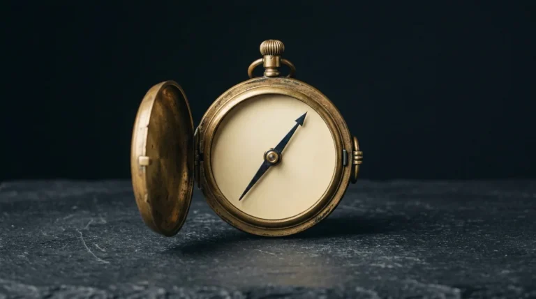 An open antique aged-brass pocket compass with a blank face and a single dark needle, on dark slate