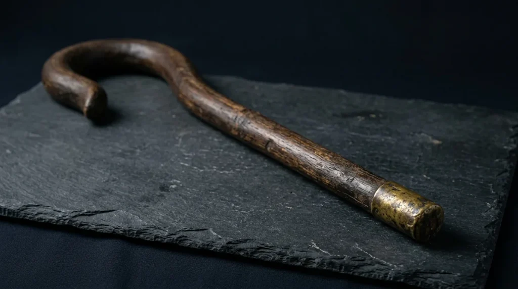 An antique dark wooden shepherd's crook with a brass ferrule laid across dark slate