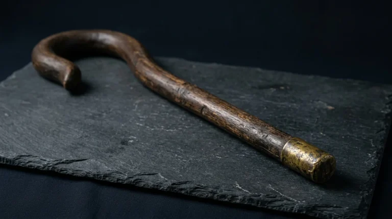 An antique dark wooden shepherd's crook with a brass ferrule laid across dark slate