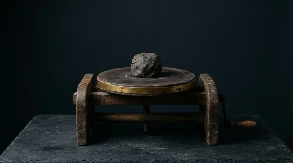 An antique dark wooden potter's wheel with a thin aged-brass rim and an unformed lump of dark clay on its head, on dark slate