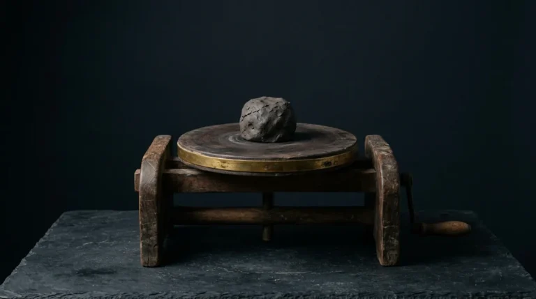 An antique dark wooden potter's wheel with a thin aged-brass rim and an unformed lump of dark clay on its head, on dark slate