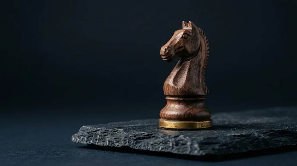 A carved dark walnut chess knight with a thin aged-brass band at its base, standing on dark slate