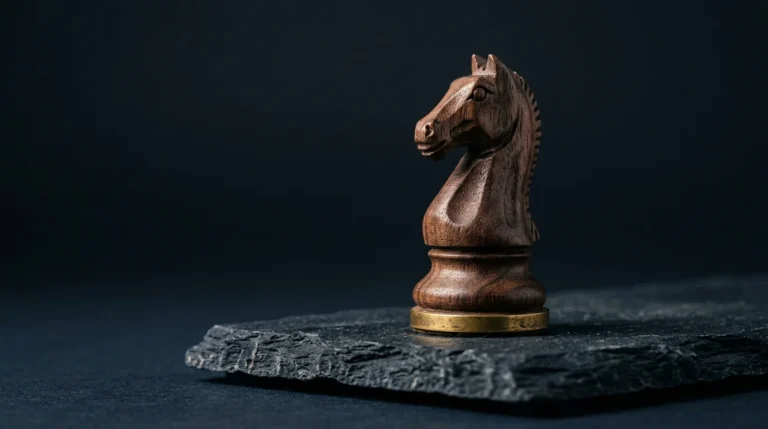 A carved dark walnut chess knight with a thin aged-brass band at its base, standing on dark slate