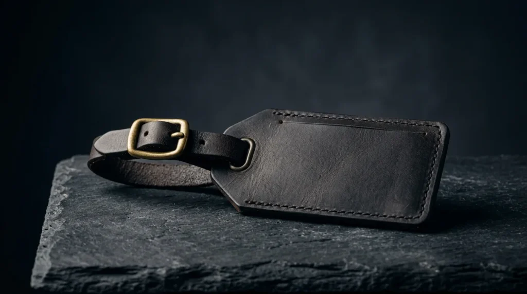 A blank dark leather luggage tag with a plain brass buckle lying on dark slate