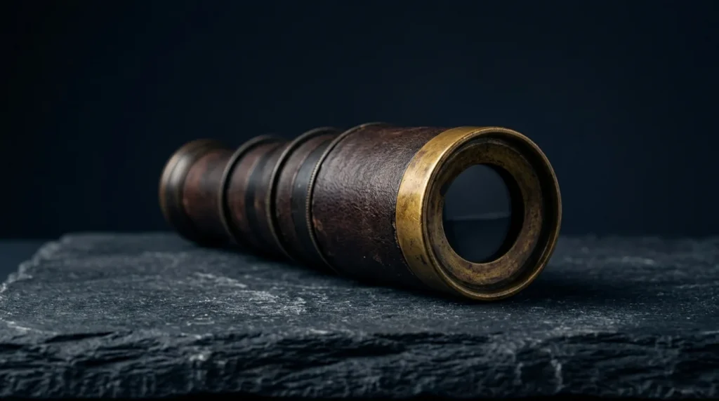 An antique collapsible telescope wrapped in dark leather with a brass eyepiece rim, lying on dark slate