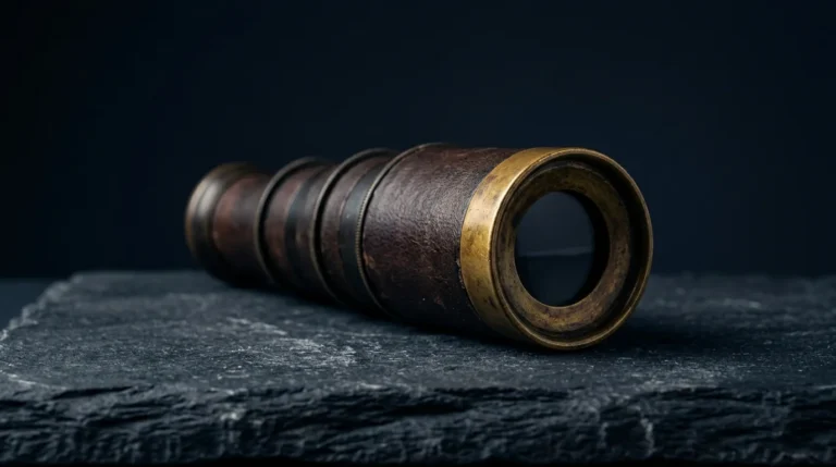 An antique collapsible telescope wrapped in dark leather with a brass eyepiece rim, lying on dark slate