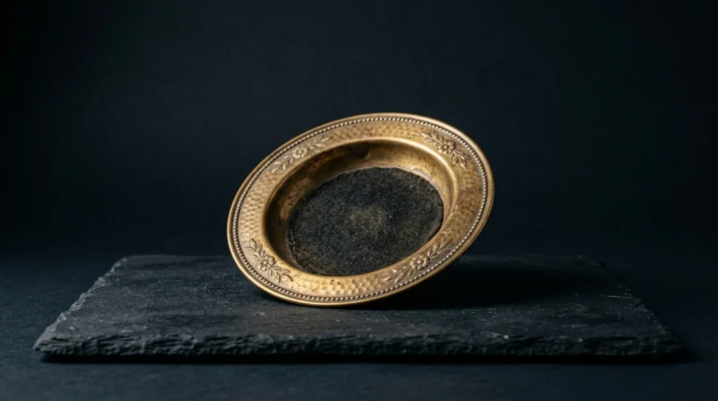 An antique aged-brass offering plate with a dark felt lining resting at an angle on dark slate