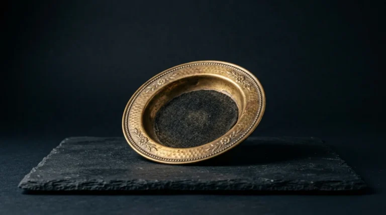 An antique aged-brass offering plate with a dark felt lining resting at an angle on dark slate