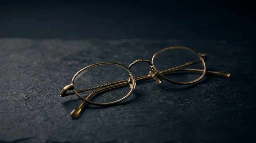 A pair of folded brass wire-rimmed reading glasses resting on dark slate